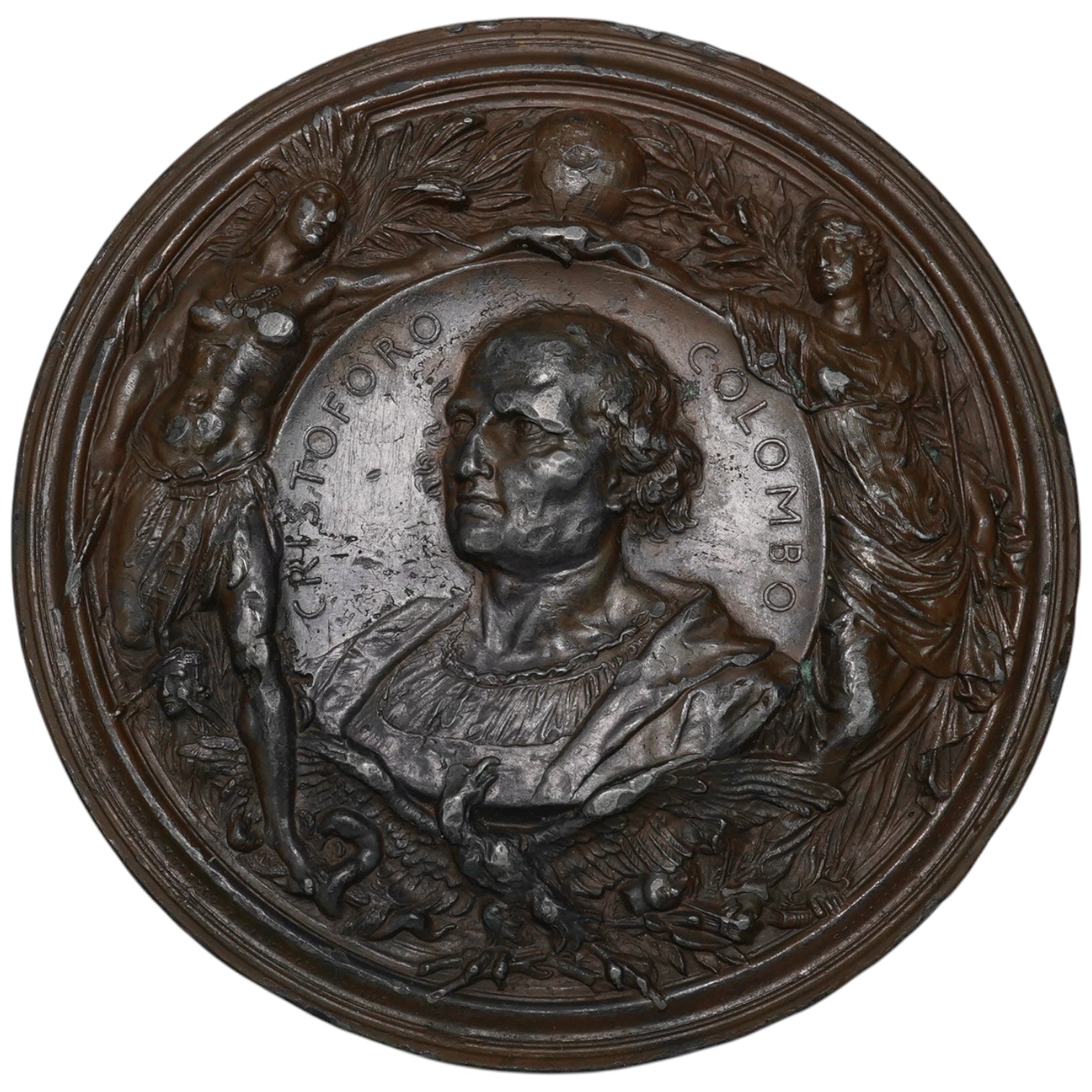 Italy Historical medals, 400th Anniversary of the Discovery of America, 1892, a bronzed-lead medal by A. Cappuccio after L. Pogliaghi, bust of Columbus facing three-quarters left in central medallion, standing figures to